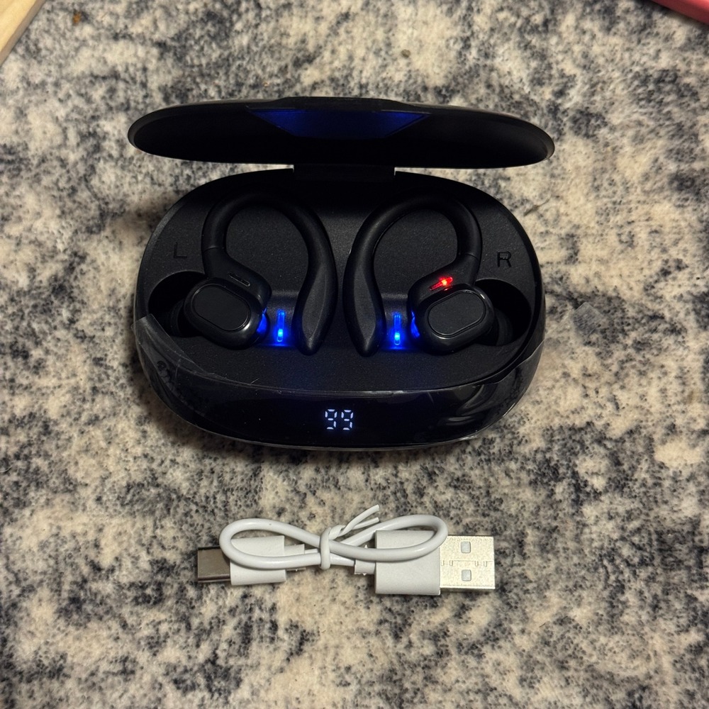 Wireless Earbuds Black Bluetooth Sport Earhooks LED Case